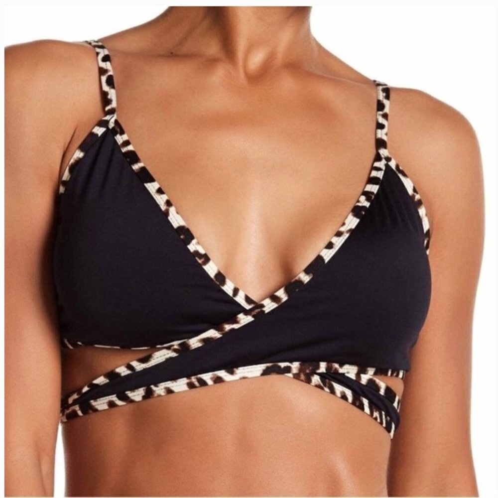 NWT Laundry by Design leopard print black wrap around bikini top